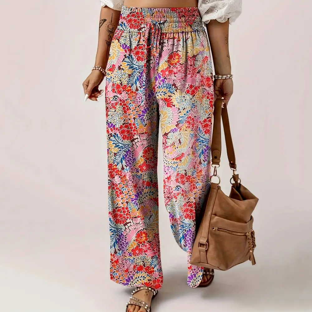 

Women Long Pants Elastic Waist Adjustable Tie Wide Leg Casual Trousers Floral Print Lounge Pants