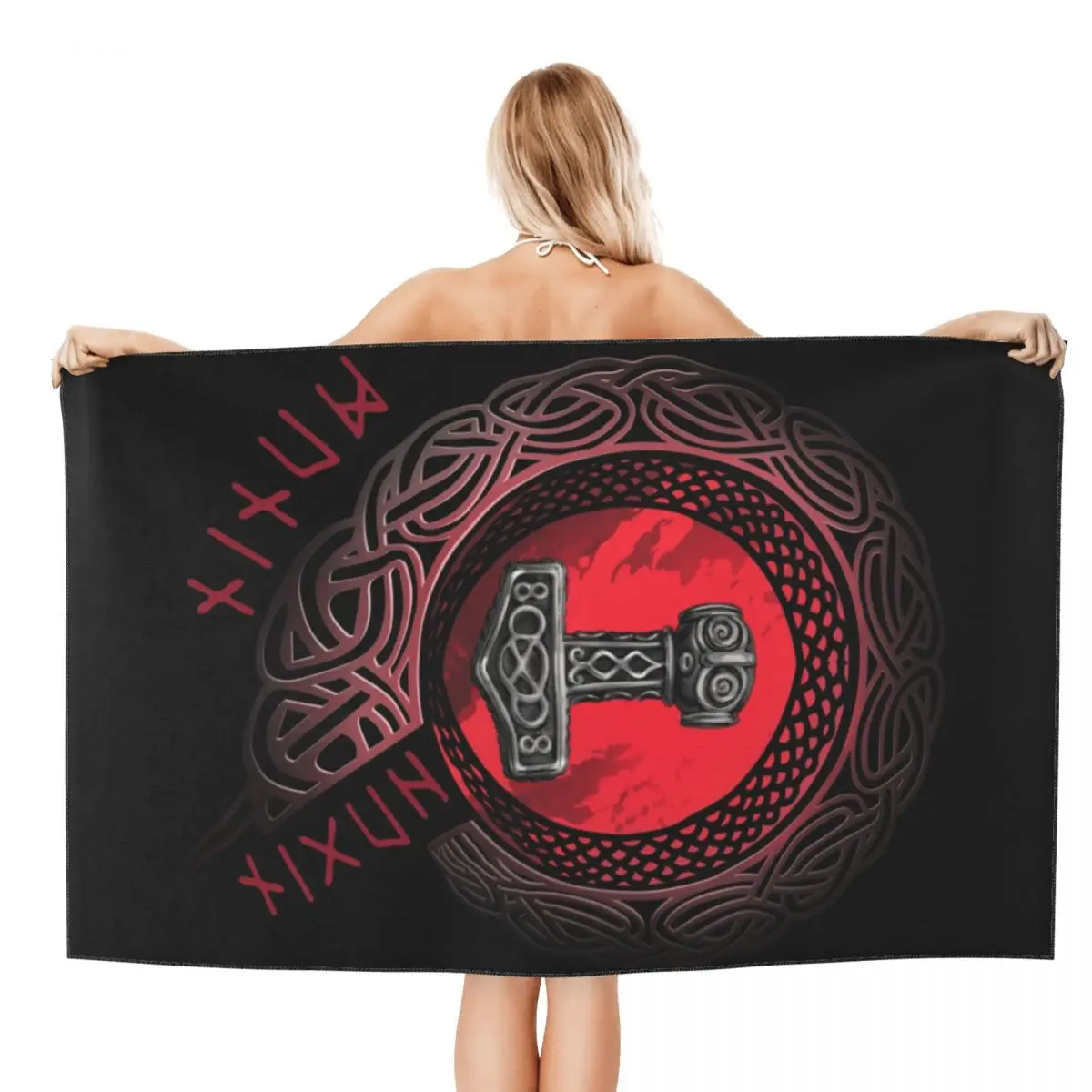 Viking Runes Thor Mjolnir Beach Towel Customized Norse Valhalla Odin Breathable Microfiber Pool Towels