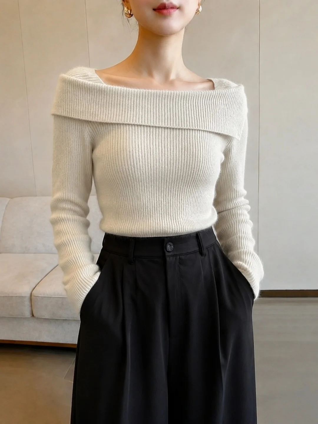 Slimming Effect Knitted Long Sleeve Pure Color Light Maturity Elegant Style Korean Version Women's Premium Feel Top