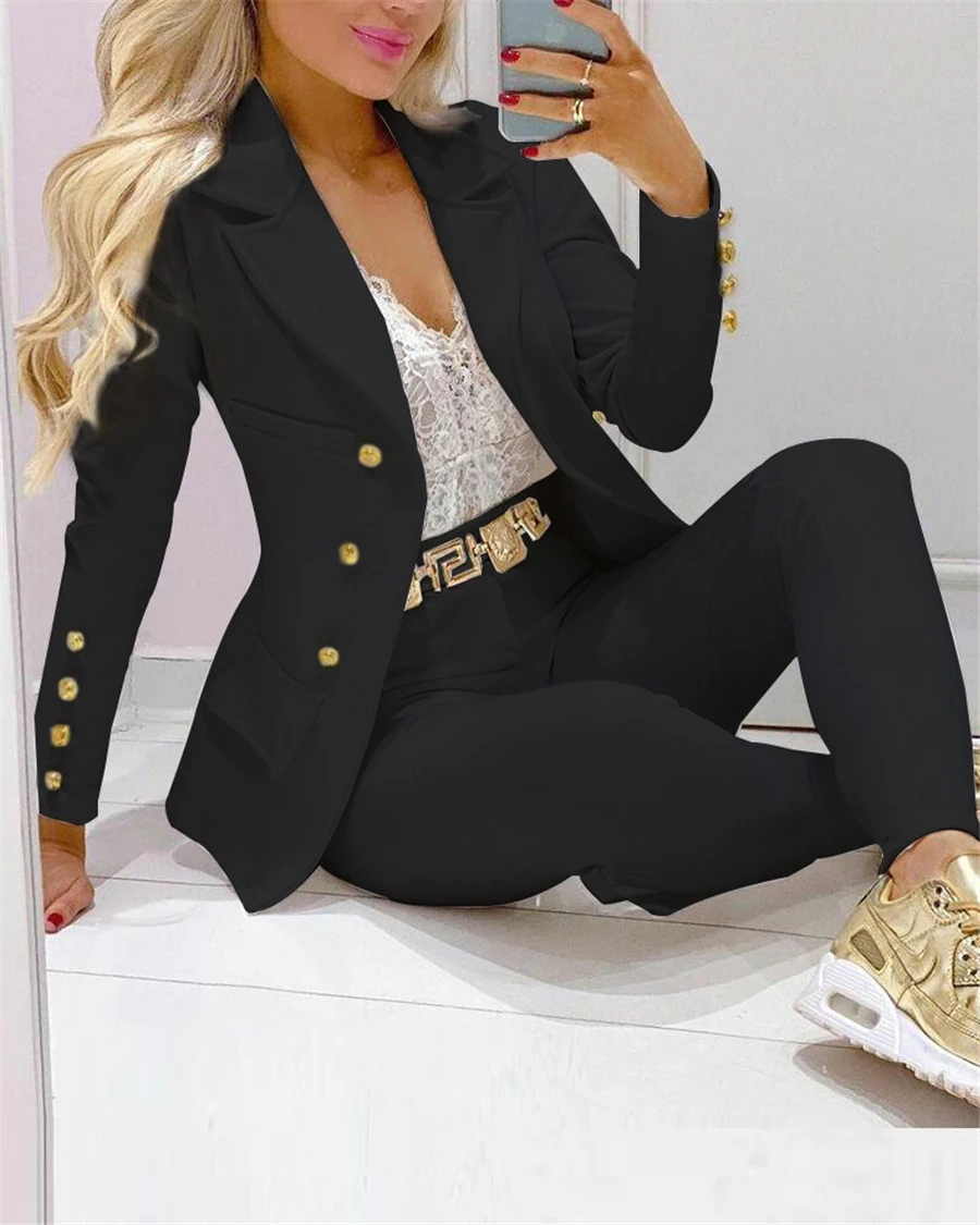 2023 Large Size Autumn/Winter Women's Sexy Single-breasted Solid Color Small Suit Casual Office Wear Elegant Short Coat 2pcs Set