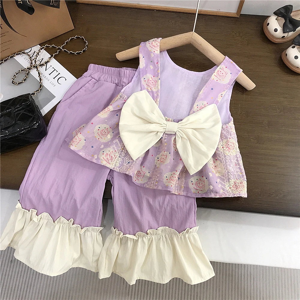 Kids Girls Purple Pants Sets Cartoon Print Backless Bows Pullover Cute Shirt+Elastic Waist Patchwork Flare Trouser 2-8Y Children