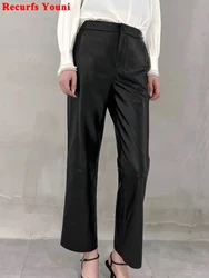 Women Leather Pants 2024 Trendy European Fashion Female Slit Thin Nappa Trousers Mujer Matt Smoke Pipe Streetwear Beige Pantalon