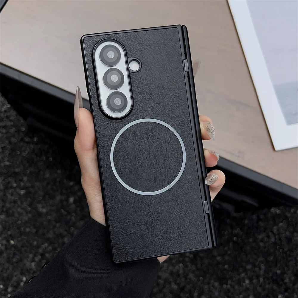 Luxuriöse magnetische Leder-Handyhülle für Samsung Galaxy Fold 7, 6, 5, 4, 3, ZFold7, ZFold6, kabelloses Laden, Scharnier, schützende Hartschale
