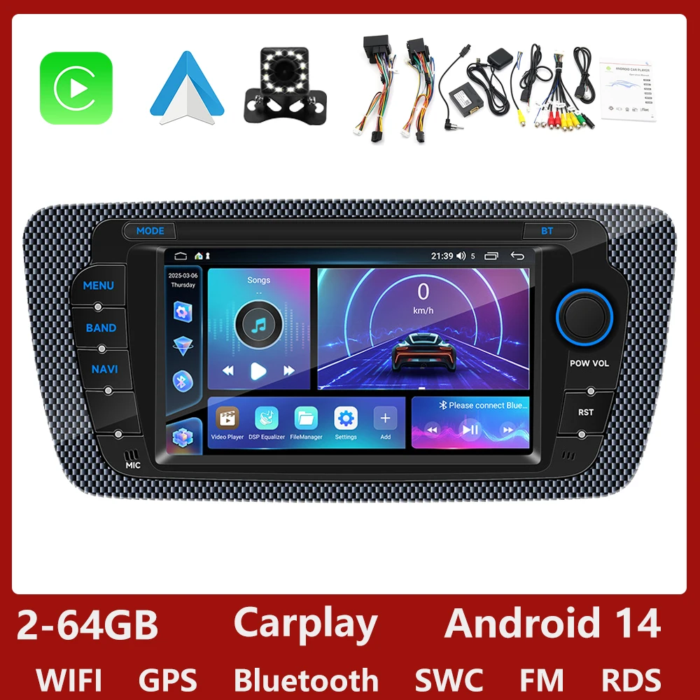 GEARELEC 7 Inch Android 14 Autoradio CarPlay Voor Seat Ibiza 6j 2009 2010 2011-2013 Autoradio Auto multimedia Speler GPS WIFI