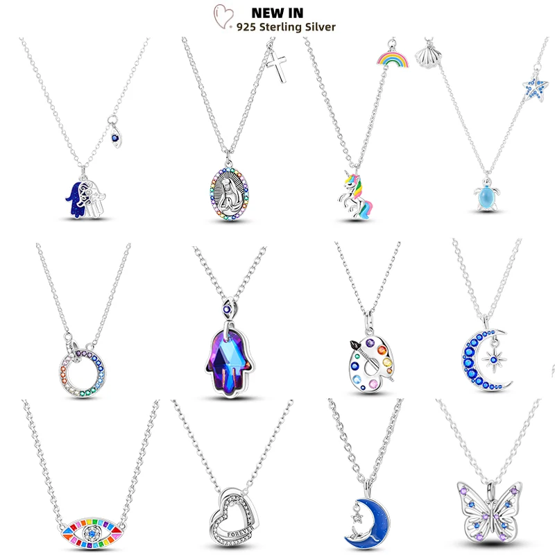 925 Sterling Silver Blue Devil Eyes Palm Original Necklace Unicorn Overlap Round Sparkling Pendant For Women Luxury Jewelry Gift