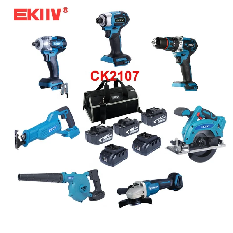 EKIIV 21V Brushless Cordless Combo Kit 16-Tool Set with 4.0Ah Lithium Batteries Chainsaw and 650Nm Impact Wrench