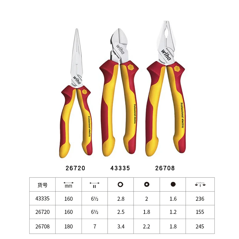 Wiha Professional Combination Pliers Set 3Pcs DynamicJoint and OptiGrip 1000V VDE 43335 26708 26720