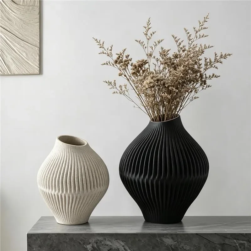 Nordic Vertical Texture Ceramic Vase Wabi Sabi Style Advanced Sense Living Room Bedroom Flower Arrangement Dried Flower