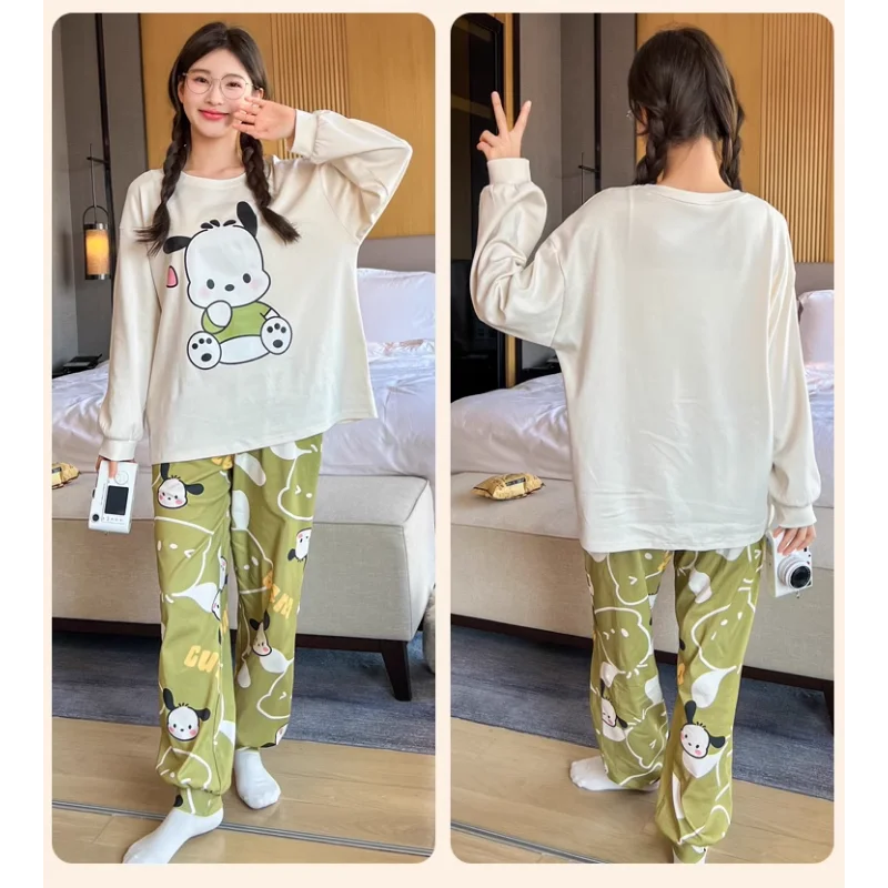 Sanrio-Pijama de Hello Kitty para mujer, conjunto de ropa de estar por casa de algodón, pantalones de manga larga, dos piezas, dibujos animados, informal, perro, otoño