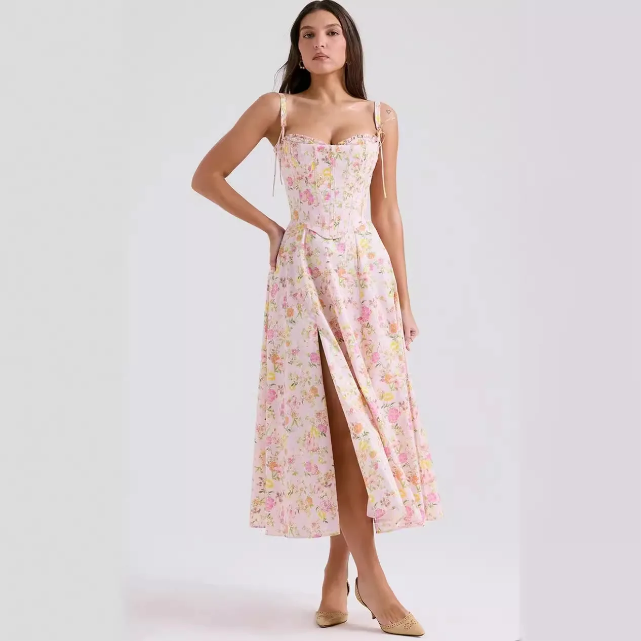 

Dreamy Floral Fish Bone Lace Up Camisole Top Strapless Vacation Style Dress Two-Piece Set