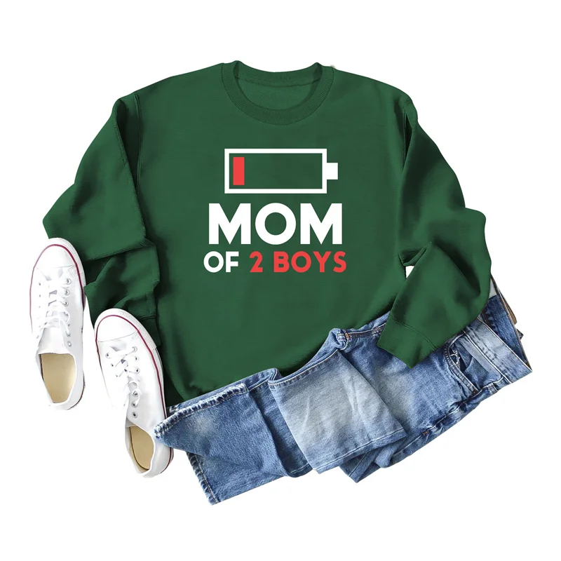 New fashion autumn and winter cotton Mom Of 2 Boys fun printed casual blouse ladies casual round neck long sleeve sweater