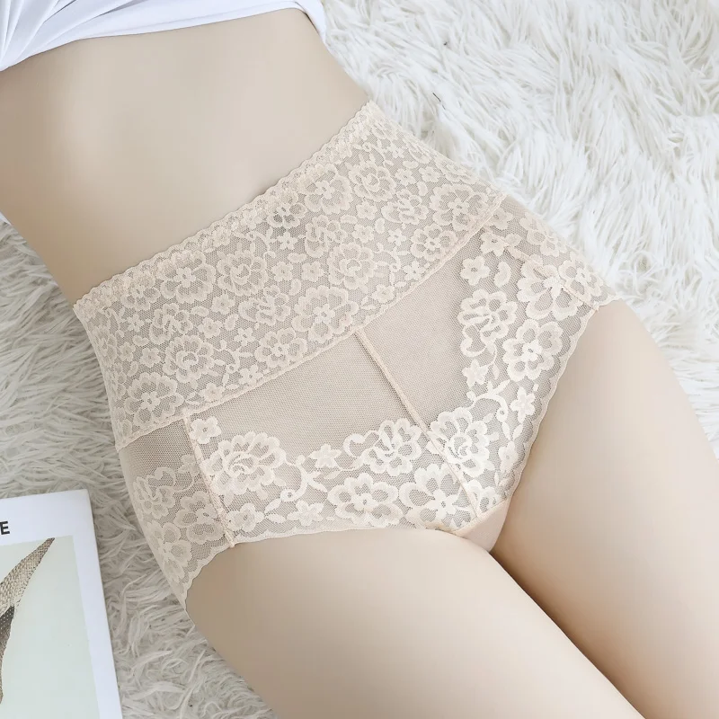 High-waist abdominal underwear for women with no trace, small belly, pure cotton antibacterial crotch, sexy lace, buttocks, wome