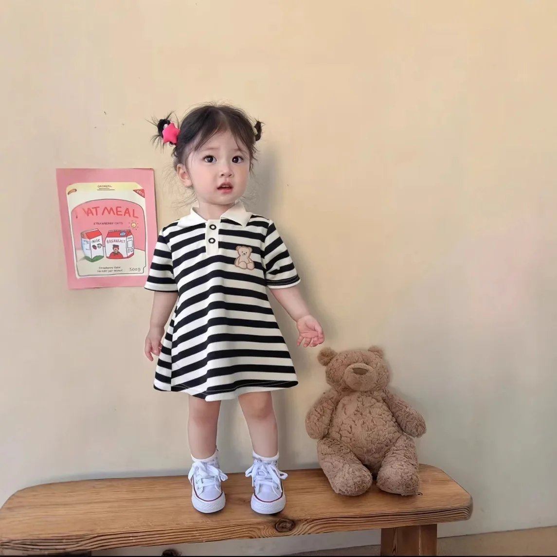 2026 Neues koreanisches Kinderkleid, Mädchen Sommer Casual Cartoon Gestreiftes Kurzarm-Prinzessinnenkleid mit Revers – Detail 40