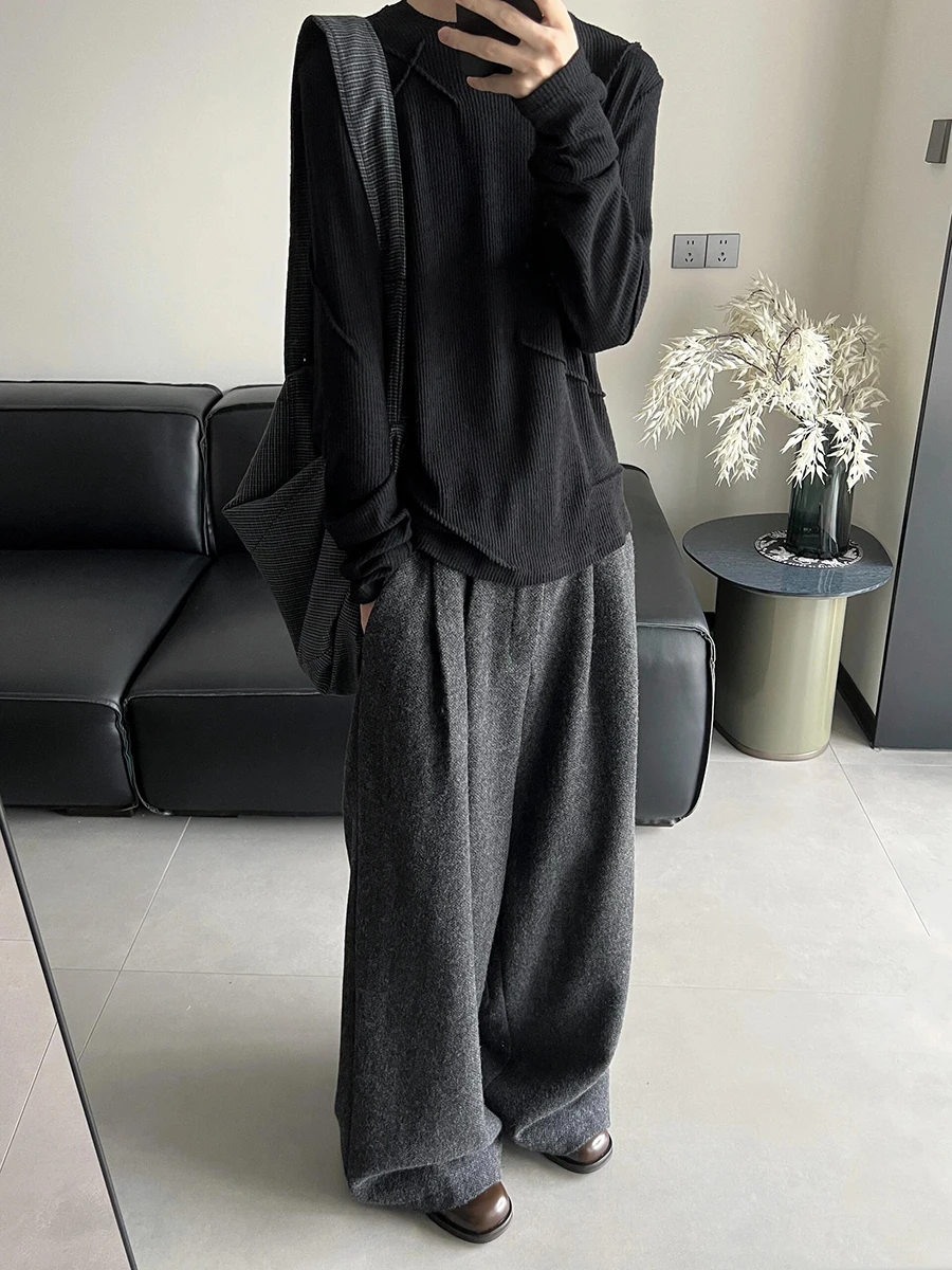 ReddaChic ทํางานสํานักงานผู้หญิง Tweed กางเกง Casual หลวม Fit สีกากี Textured เอวสูงขากว้างกางเกงฤดูใบไม้ร่วงเสื้อผ้าวินเทจ