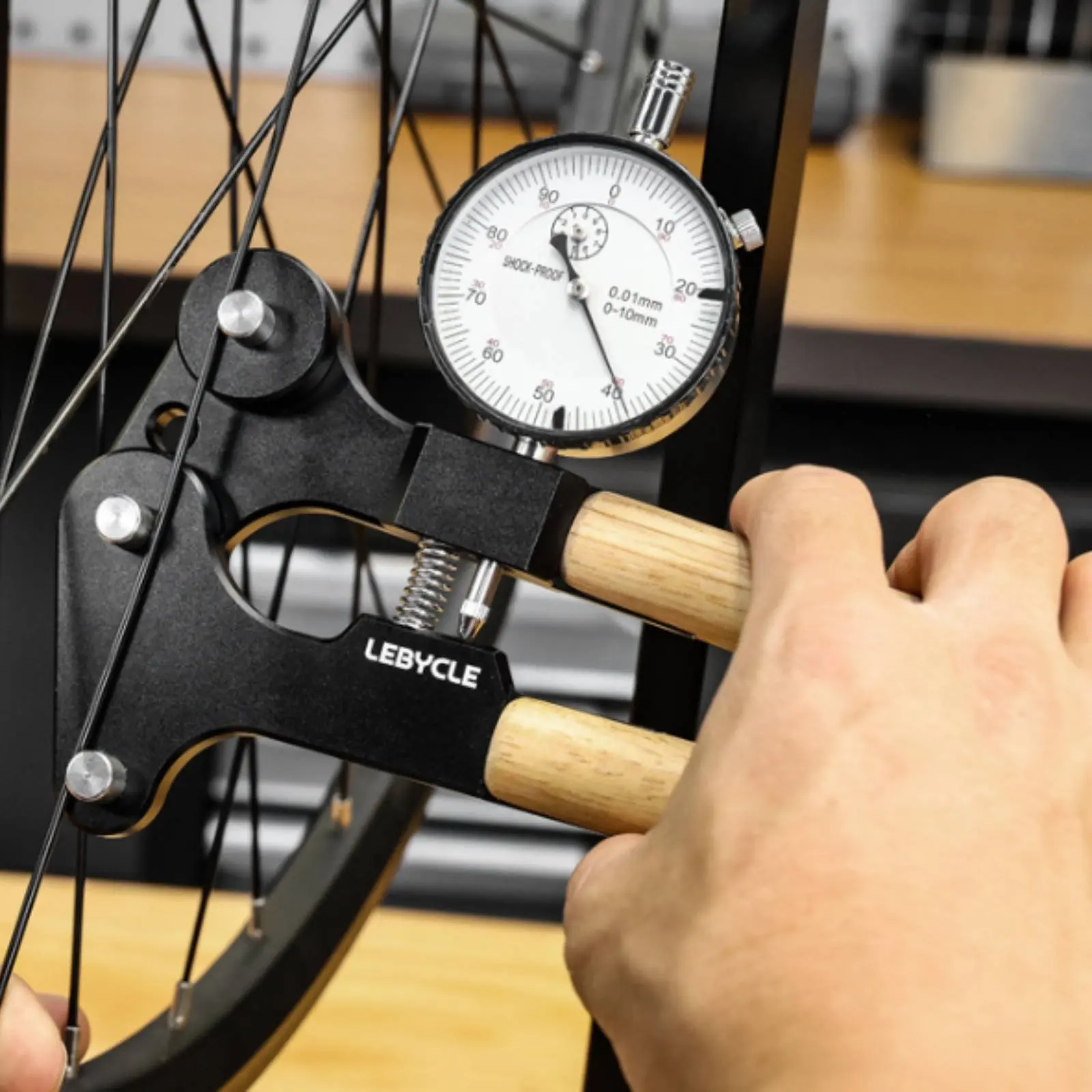 Bike Spoke Tension Gauge Aluminum Alloy Bike Spoke Tension Meter Wood Handle Long-Lasting for Cyclists