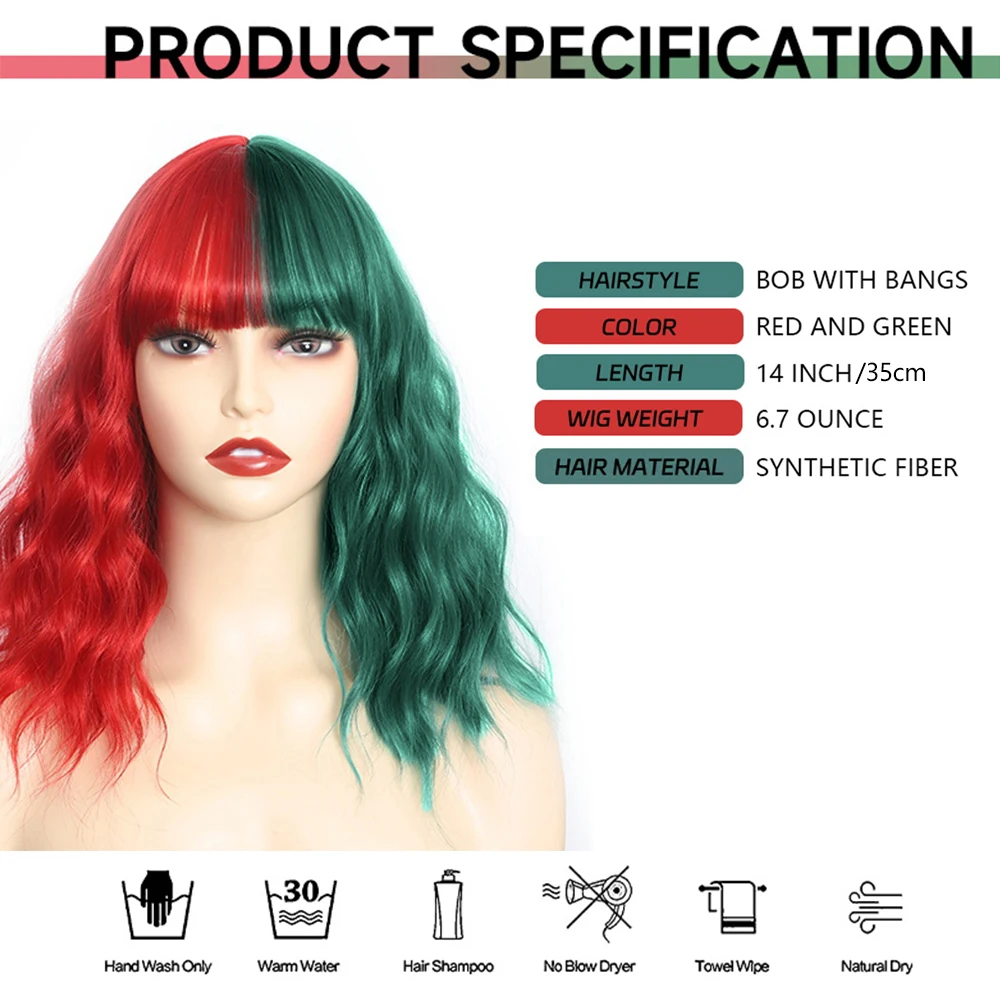 Half Red and Half Green Wig with Bangs for Women, Short Wavy Curly Bob Wig Synthetic Colored Wig Party Cosplay Christmas Wigs