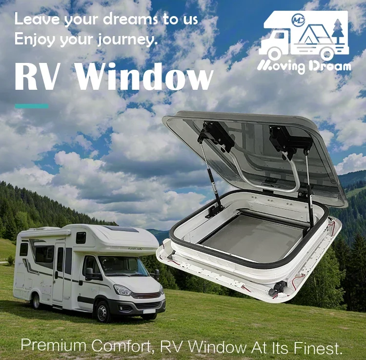 RV Roof Window 700x500mm Manual Double Acrylic Sunroof 12V LED Pleated Curtain Insect Net for Camper