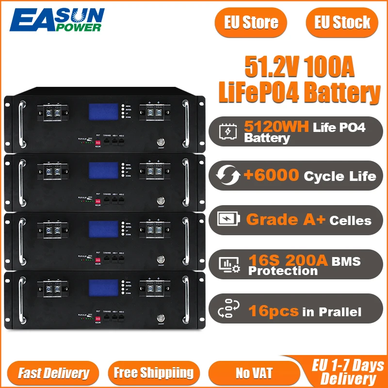 EASUN Powerwall Rack Lifepo4 Lithium IJzer Fosfaat Batterij 48v 51.2v 16s 100Ah/5wh 300Ah/15wh Parallel 15p 6000+ Cycli BMS