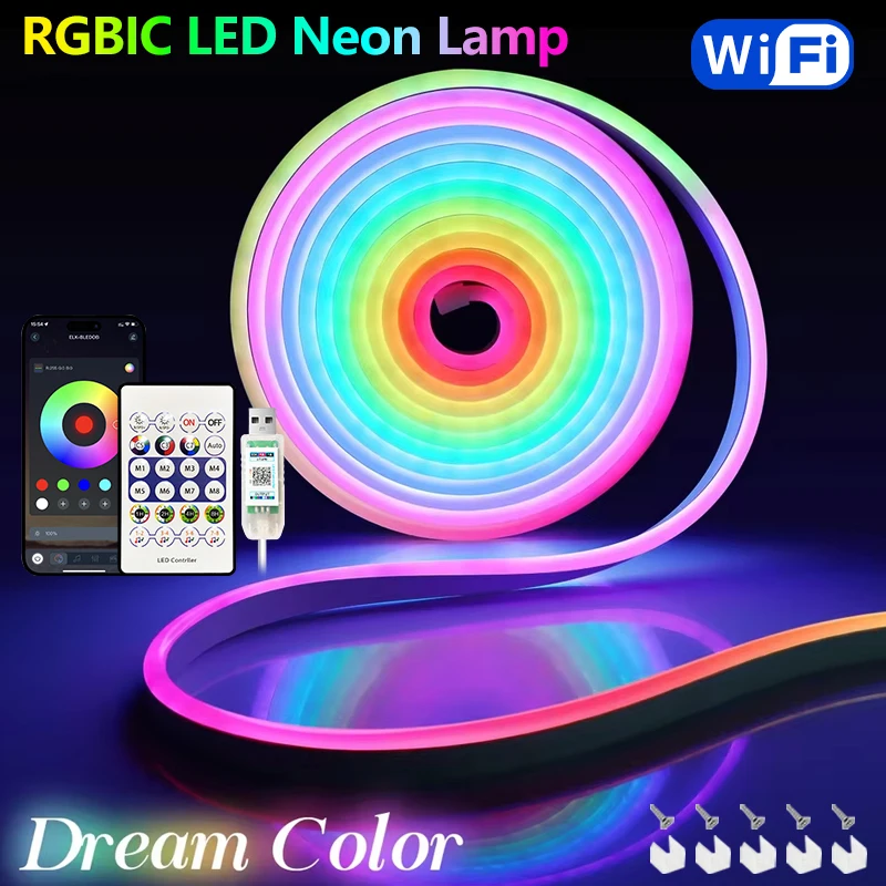 

5V USB RGBIC neon lights, 24-key remote control +APP, timing function music synchronization, suitable for home bedroom parties