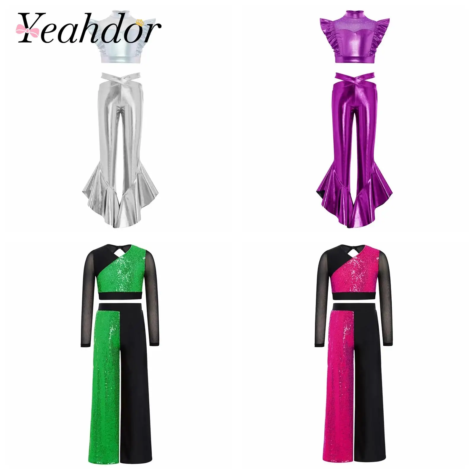 Children's Sequins Tassels Sparkly Jazz Dance Outfits 6-16 Girls Shinny Dancewear Sets 70s Disco Costume Kids Fashion Streetwear