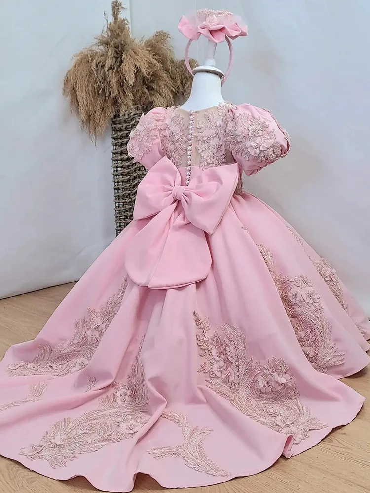 Girls Dress Pink Embroidery PrincessTailed gown Birthday Party Children Lace Pearl Ball Gown Big bow Sequinde Evening Dresses