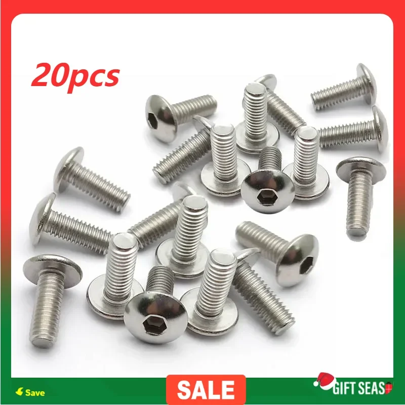 20pcs Stainless steel Big Flat Round Head Inner Hexagon Screw Bolt M6 6mm M5 5mm for Motorcycle Scooter ATV Moped Plastic Cover