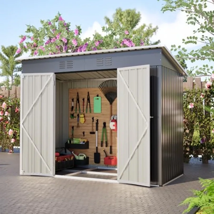 Outdoor storage shed for backyard patio use, heavy-duty galvanized steel, gray, weather-resistant with lockable door, floor fra
