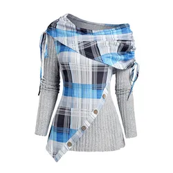 Dressfo 2024 Women's Plaid Christmas Knitted Tops Print Panel Asymmetric Shoulder Cinched Ribbed Knit Top