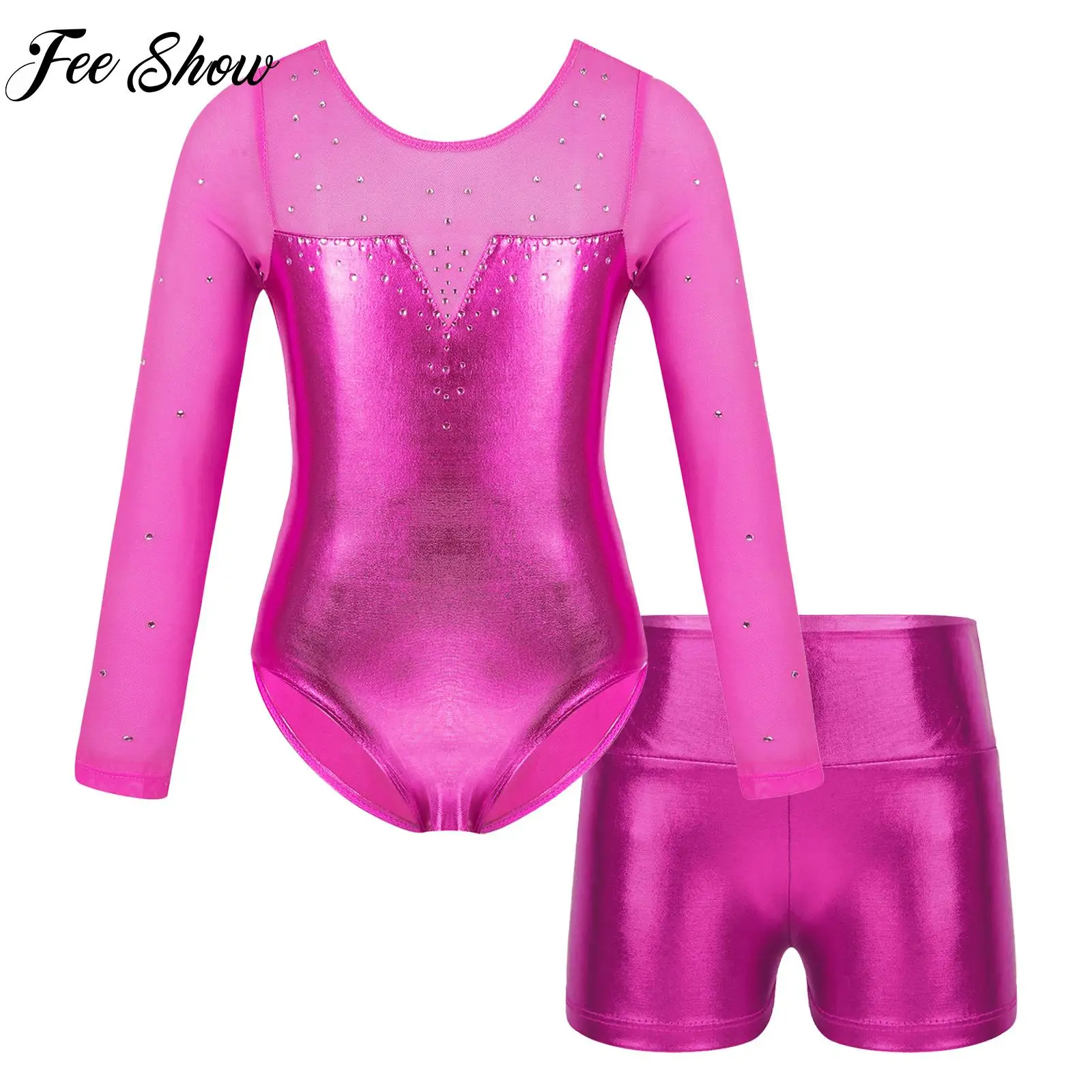 

Kids Girls Dance Leotard Skating Suit Long Sleeve Sparkly Rhinestones with Shorts for Ballet Latin Dance Gymnastics Performance