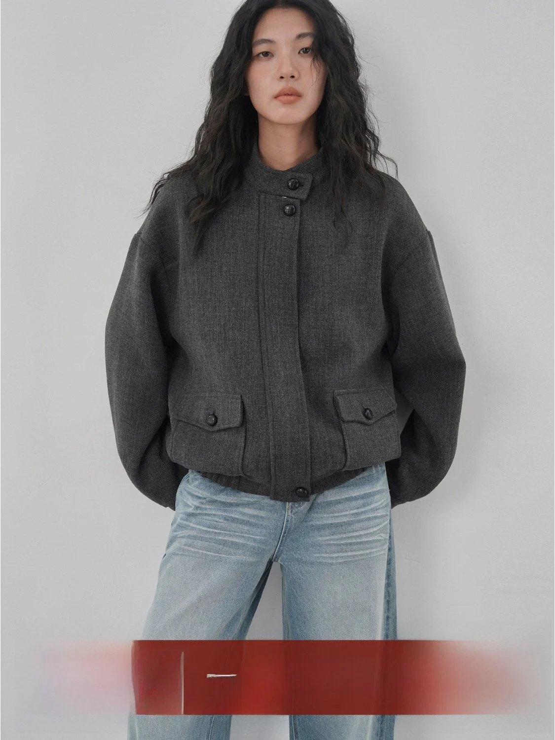 

EIGHTHMONTH ort Woolen Jaet Women's Design Loose Slimming Workwear Sle Top Zipper Closure Long Sve Stand Collar