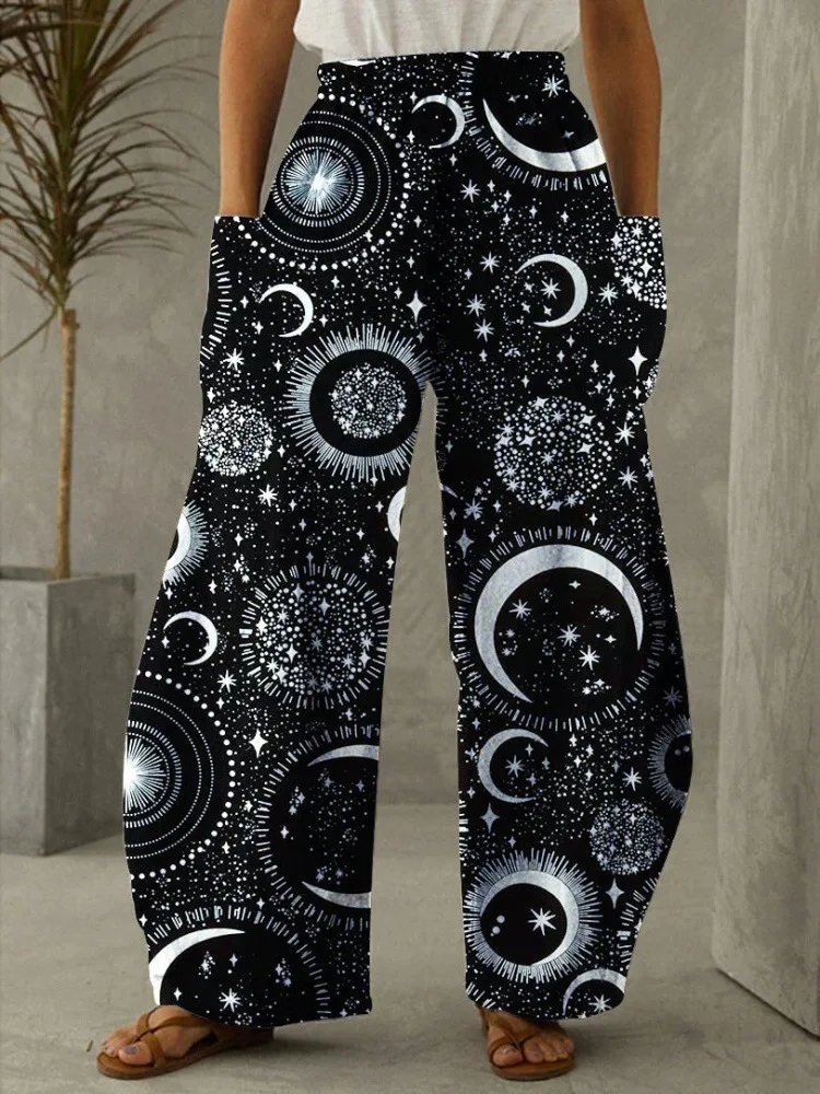 Women's Celestial Print Wide Leg Pants High Waist Loose Palazzo Trousers with Pockets Moon and Star Graphic Boho Style