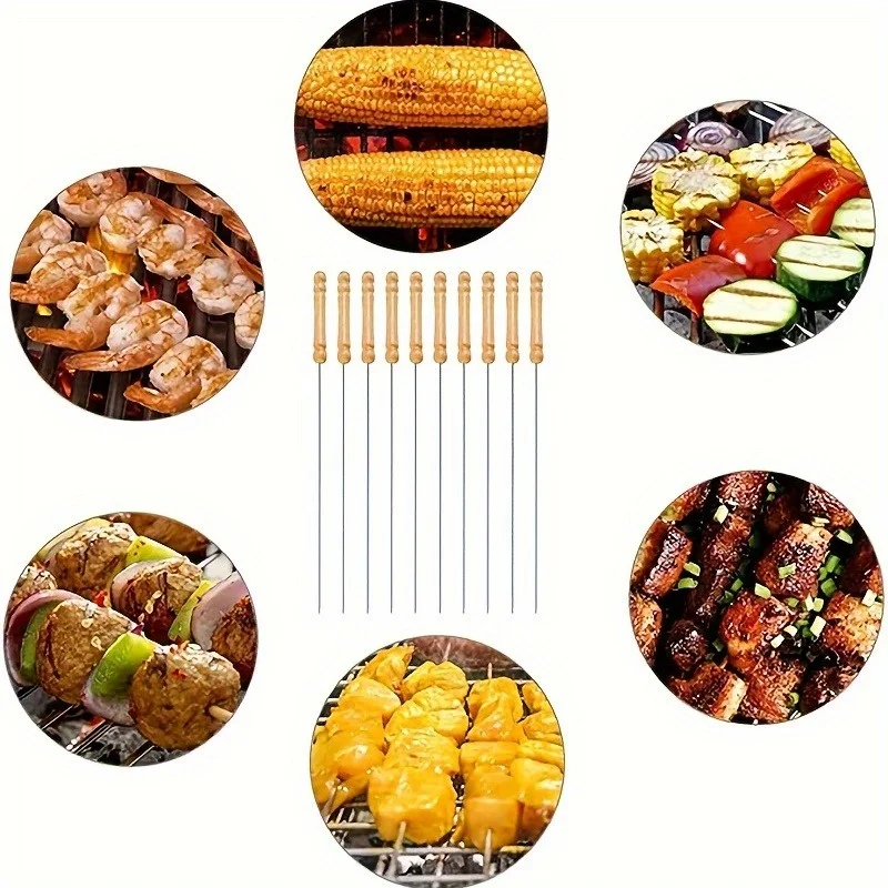 10Pcs Stainless Steel Barbecue Skewer Reusable BBQ Skewers For Outdoor Camping Picnic Cooking Tools BBQ Supplies