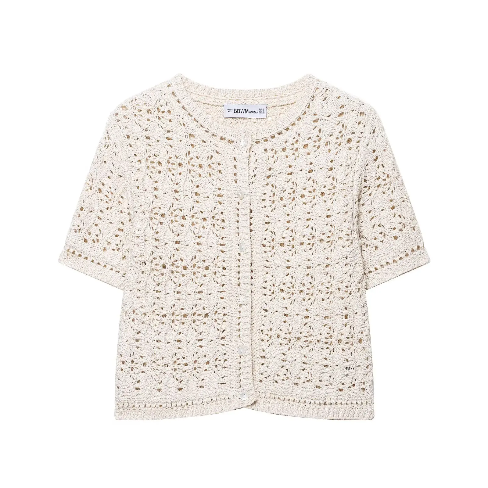 

2025 новый женский бежевый вязаный кардиган с круглым вырезом и короткими рукавами, модное верхнее пальто