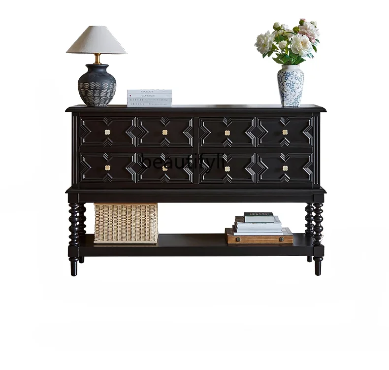 

French Retro Black Solid Wood Entrance Cabinet Living Room Aisle Chinese Ancient Style Hallway Home Screen against the Wall