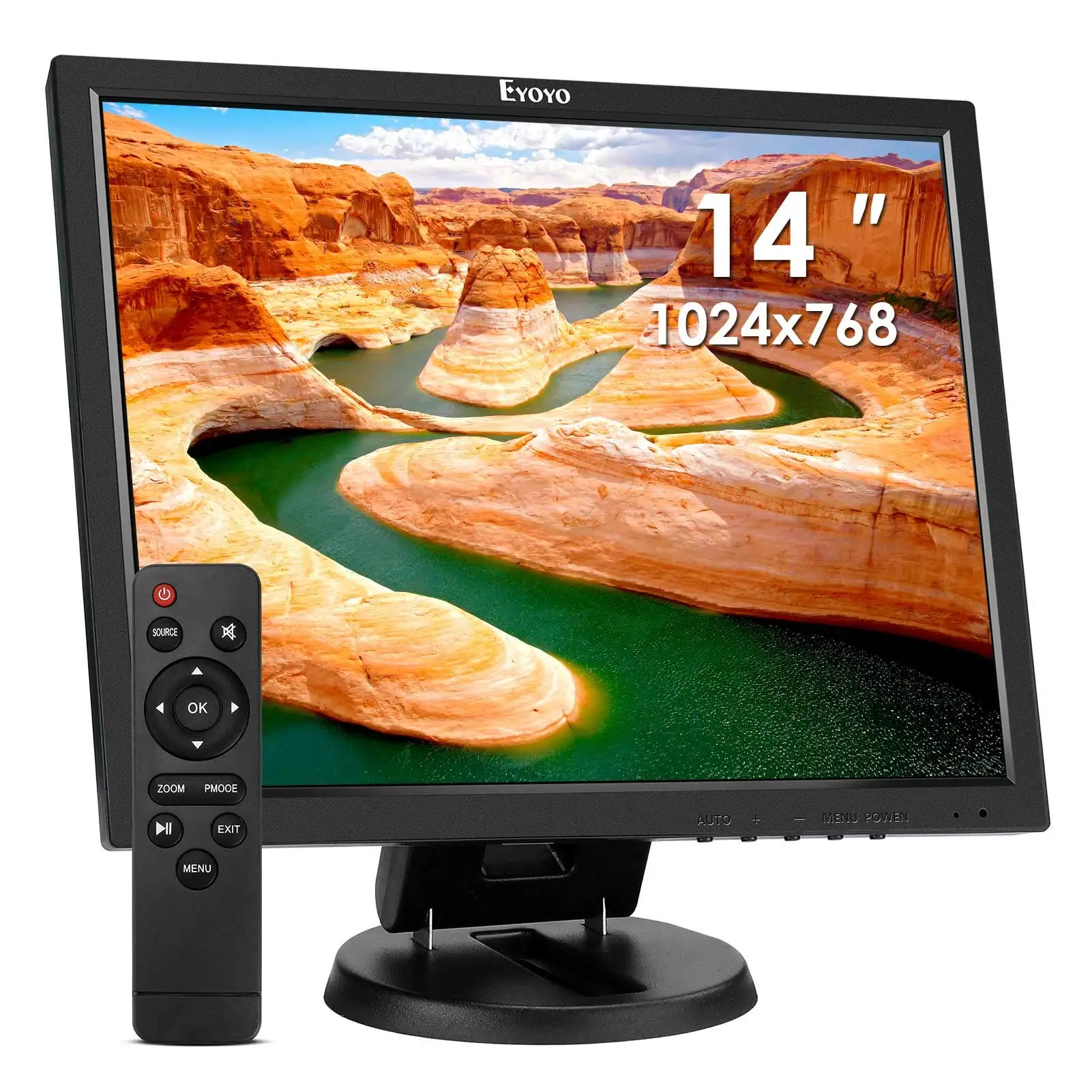 

Eyoyo 14 Inches LCD HDMI Monitor 1024x768 Small VGA Display Desktop Monitor for Security Cameras with HDMI&VGA&AV&BNC Input, Built-in Speakers, Support Remote Controller, External Display For Computer/PC/Laptop/CCTV Monitring