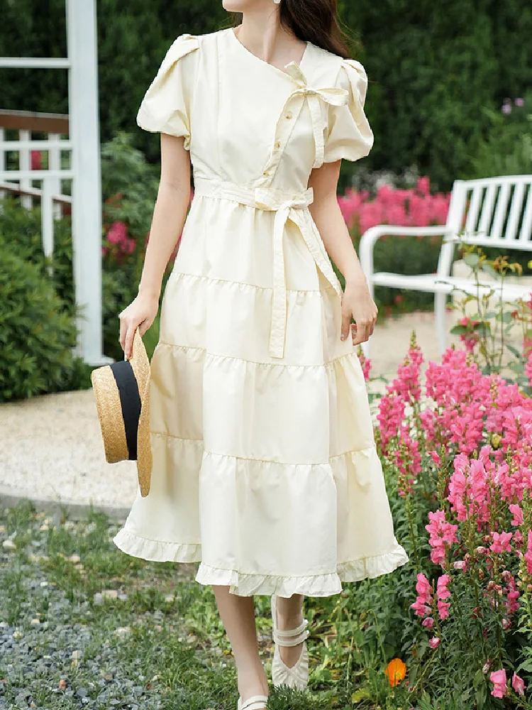 

Summer New Models Mori Girl Style Bow Knot Dress V-Neck Butterfly Sleeve Retro Fashion Lrregular Originality Dress For Women