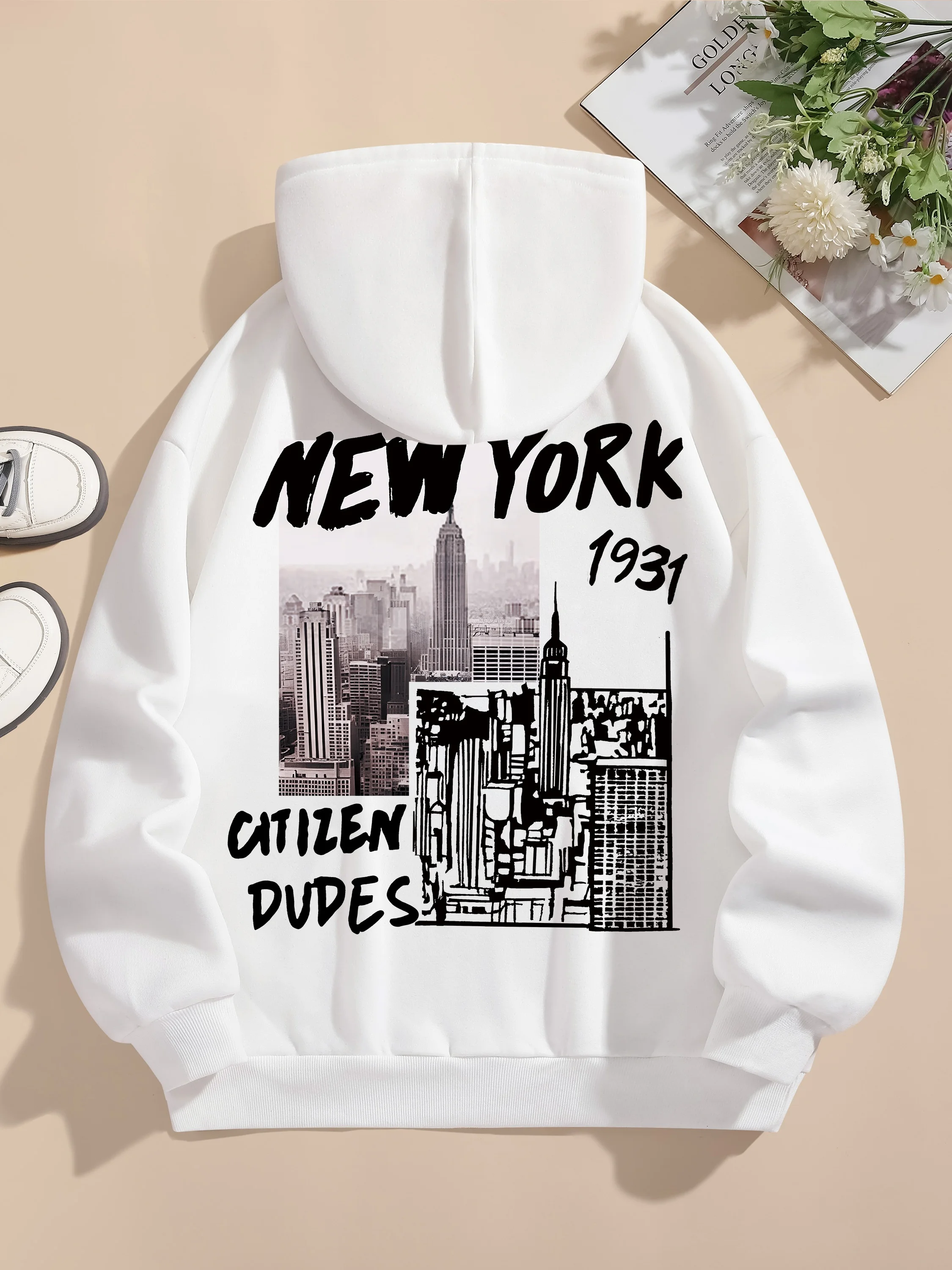 Moletom com cordão de Nova York, moletom casual de manga comprida com ombro caído, roupas femininas