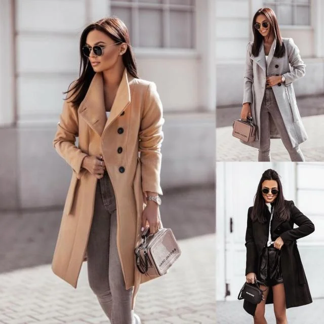 

Autumn Winter New Sle Women's Woolen Coat Pure Color Belted Mid-Length Outerwear Cross-Border Faion Ladies' Clothing