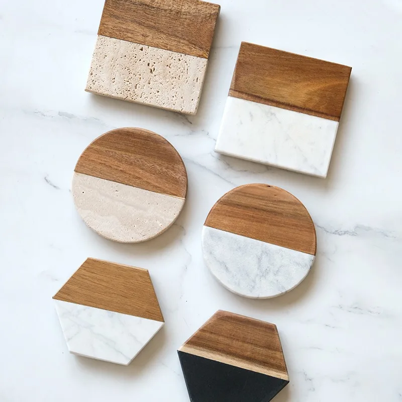 Vintage Marble Wood Coaster Set with Acacia Tray - Round Heat Resistant Table Mat,Luxury Square Tray for Coffee Table Home Decor