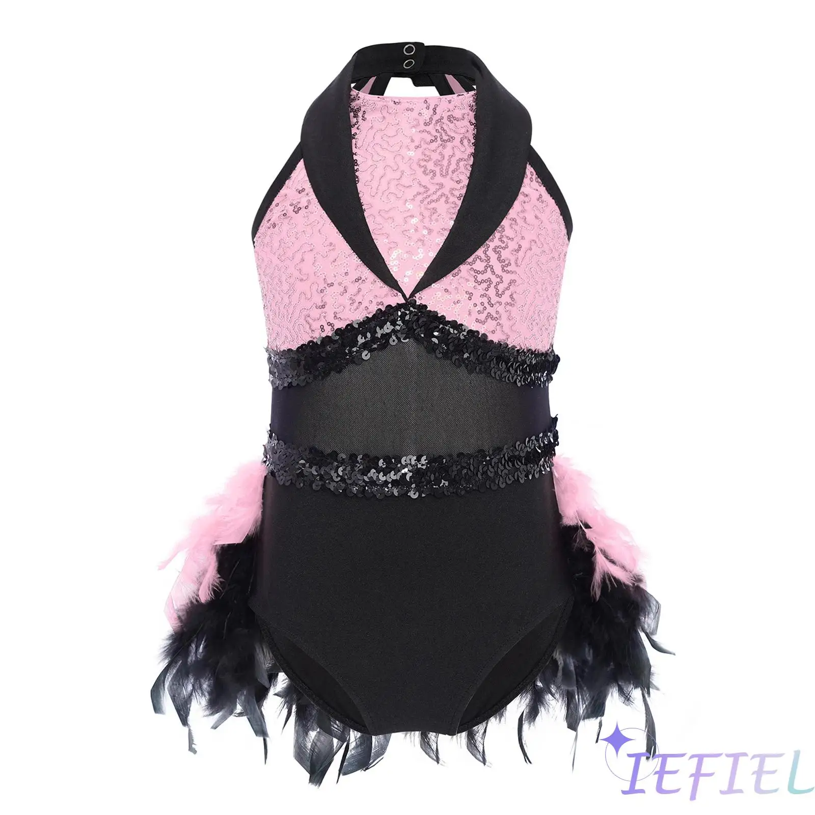

Kids Girls Stage Jazz Leotard Mesh Keyhole Back Feather Trim Lightweight Sequins Turn Down Collar Sleeveless Recital Dancewear