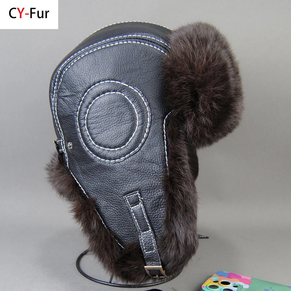 

2025 Fashion Men's 100% Natural Rabbit Fur Bomber Hats Winter Russian Man Warm Real Sheepskin Leather Hat Male Real Fur Caps