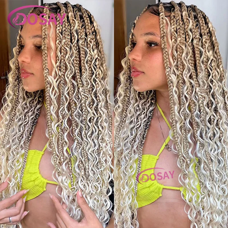 Wear and Go Synthetic Full Lace Wig Bohemian Braid Wig Boho Glueless Lace Wig Ombre Blonde 613 Box Braids Wig With Curly Hair