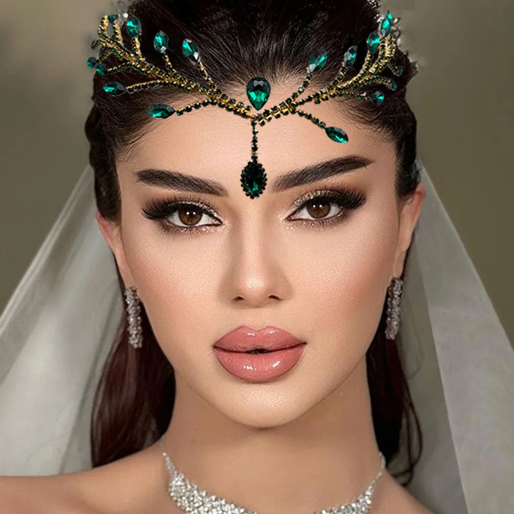 

DZ032 Green Wedding Headband Bride Rhinestone Forehead Head Chain Bridal Headpiece Pageant Tiara Woman Headwear Jewelry Gift