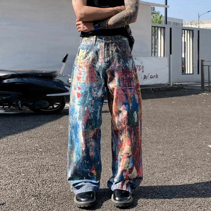 Artwear Men's Oil Paint Print Jeans Wide Leg Baggy Fit Colorful Streetwear Casual Premium Denim Long Pants