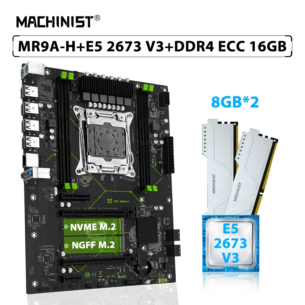 

MACHINIST X99 MR9A-H Motherboard Set LGA 2011-3 Kit Xeon E5 2673 V3 CPU Processor 16GB(2*8GB) DDR4 ECC Memory RAM NGFF M.2 NVME