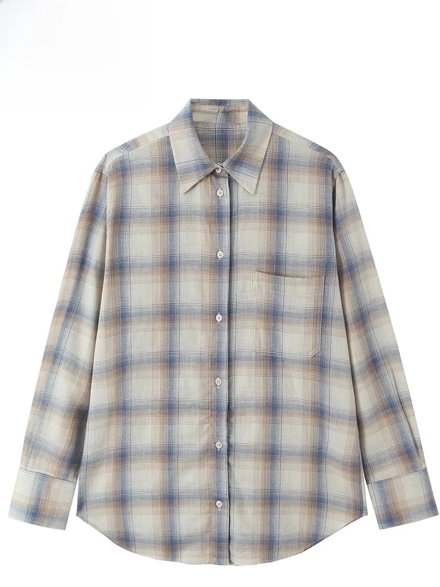 

ZARK Faion Women's irt Spring New Loose Plaid ket Long Sve Polyester Casual Busin Office Wear