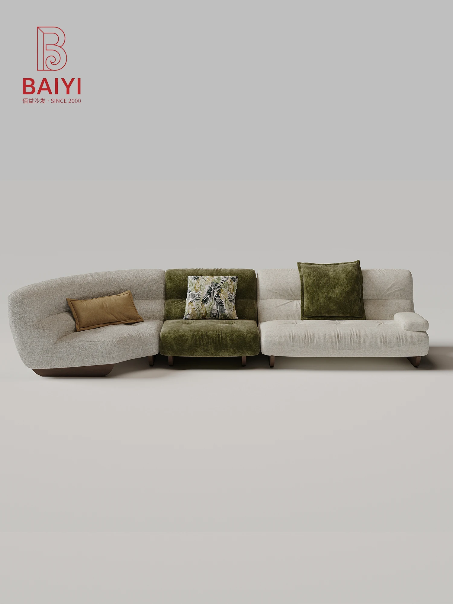 Three Tone Modular Sofa Ivory Olive And Sand Tufted Upholstery Curved End Module Bolster Pillow For Living Room Villa Bedroom