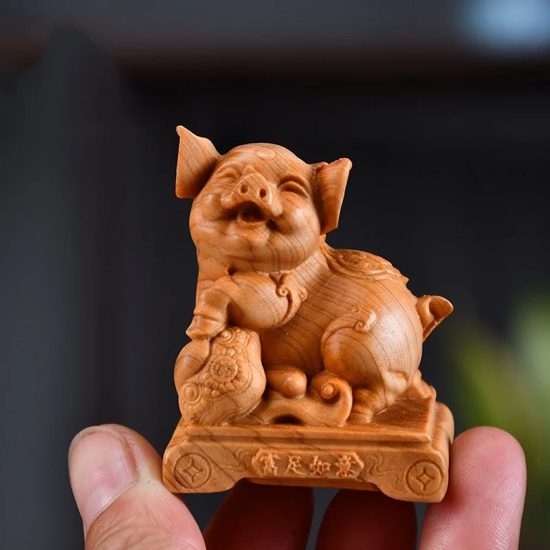 Chinese Natural Thuja Hand Carved Fortune Pig Figurine Zodiac Pig Statue Desktop Feng Shui Collectible Ornament