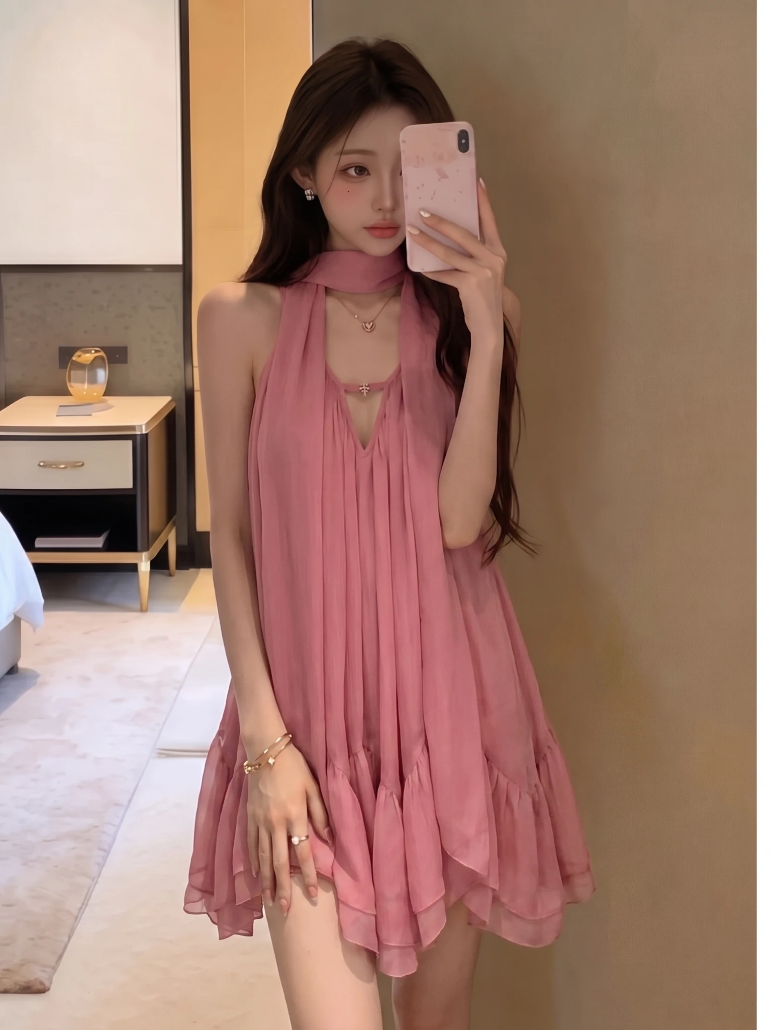 Pink Sash Neck Hanging Dress Summer V-neck Hollow Double-layer Lace Loose Meat Concealing Pure Desire Fairy Short Skirt