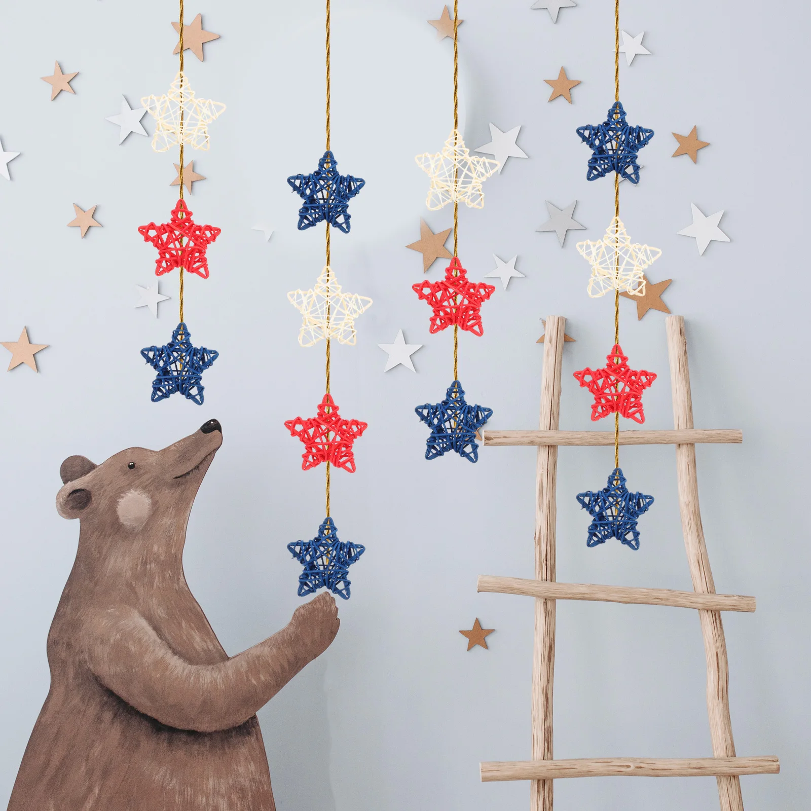 

24pcs Rattan Star naments 6cm White Red Blue DIY Decorative Stars for Christmas Wedding Holiday Safe Patriotic